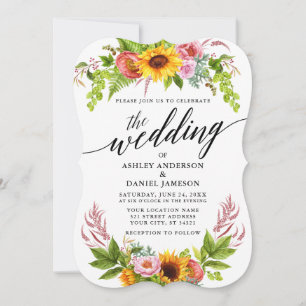 Sunflower Boho Floral Calligraphy Wedding Invitation