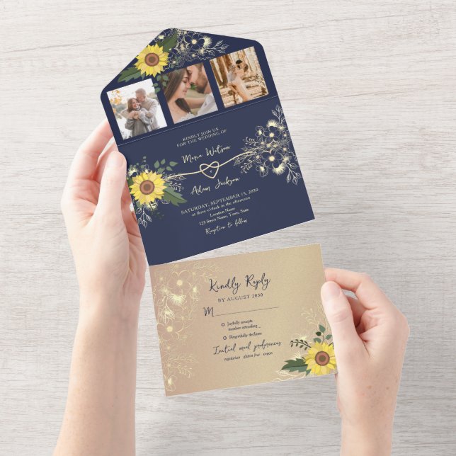 Sunflower Boho Navy Blue Wedding All In One Invitation (Tearaway)