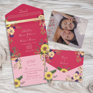 Sunflower Boho Pink Wedding All In One Invitation
