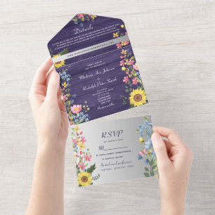 Sunflower Boho Purple Wedding All In One Invitation