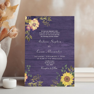 Sunflower Boho Rustic Purple Wedding Invitation
