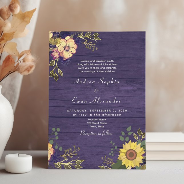 Sunflower Boho Rustic Purple Wedding Invitation (Creator Uploaded)