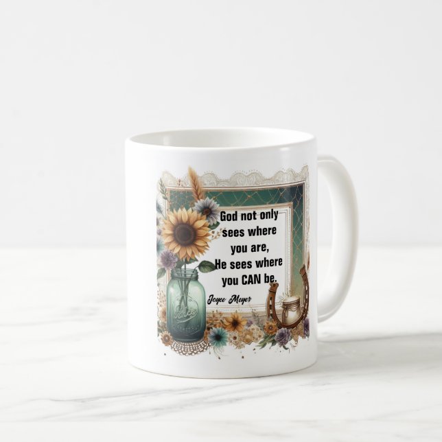 Sunflower Boot Mug, "God Sees Where You Can Be" Coffee Mug (Front Right)
