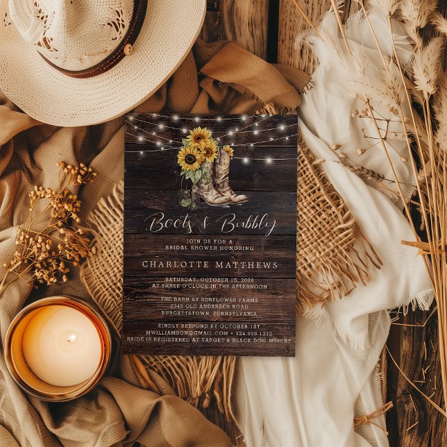 Sunflower Boots Bubbly Bridal Shower Invitation (Boots & Bubbly Western Baby Shower )
