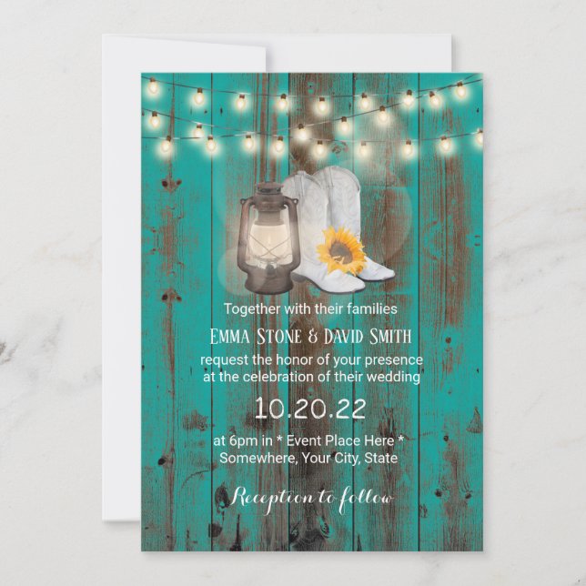 Sunflower Boots & Lantern Teal Western Wedding Invitation (Front)