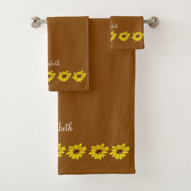 Sunflower Border on Brown with Name Bath Towel Set (Insitu)
