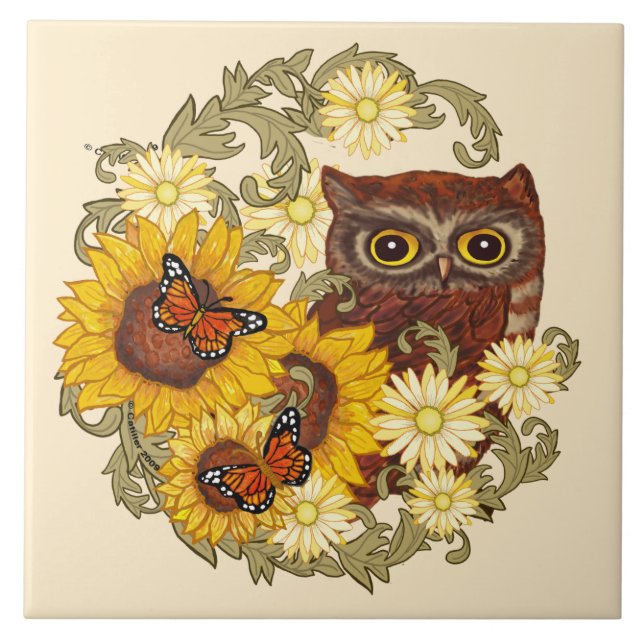 Sunflower Border Owl Tile (Front)