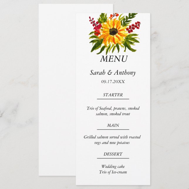 Sunflower Botanical Floral Fall Wedding Food  Menu (Front/Back)