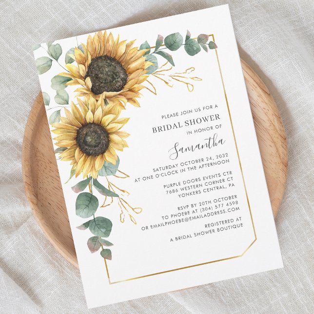 Sunflower Botanical Foliage Bridal Shower Invitation (Floral Sunflower Eucalyptus Script First Name Bridal Shower Invitation)