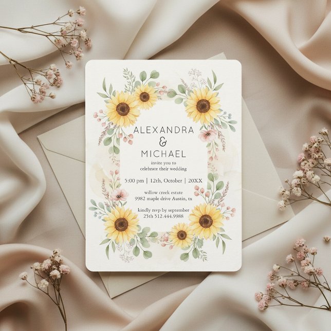Sunflower Botanical Rustic Wedding Invitation (elegant rustic florals)
