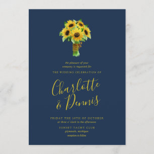 Sunflower bouquet and navy wedding invitation