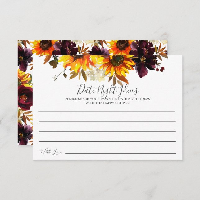 Sunflower Bouquet Floral Date Night Ideas Card (Front/Back)