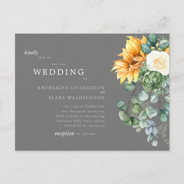 Sunflower Bouquet Grey Budget Wedding Invitation (Front)