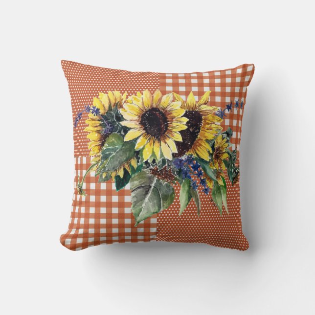 Sunflower Bouquet on Burnt Orange Gingham Pattern Cushion (Front)