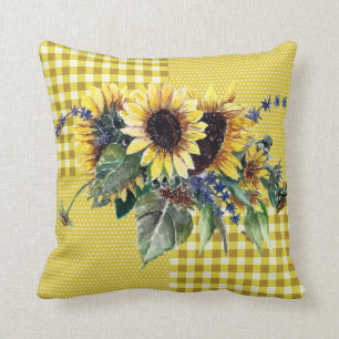 Sunflower Bouquet on Yellow Gingham Pattern Cushion