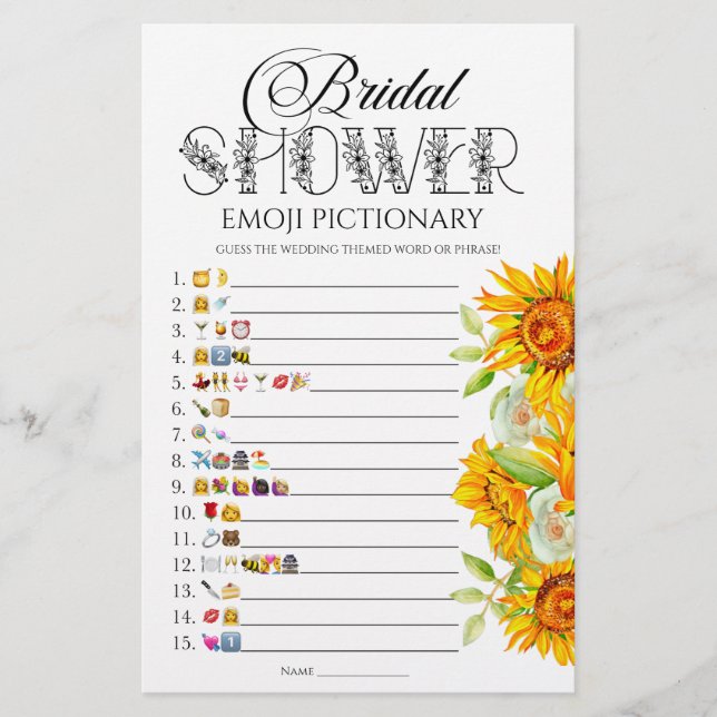 Sunflower bridal shower emoji pictionary game (Front)
