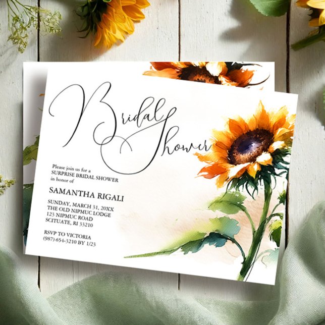Sunflower Bridal Shower Invitation (rustic sunflower bridal shower invitations in watercolor shades of yellow and green by VG Invites)
