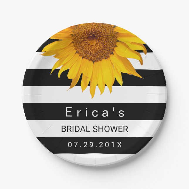 Sunflower Bridal Shower Modern Black White Stripes Paper Plate (Front)