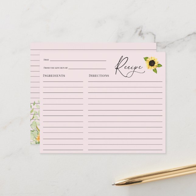 Sunflower Bridal Shower Recipe card (Front/Back In Situ)