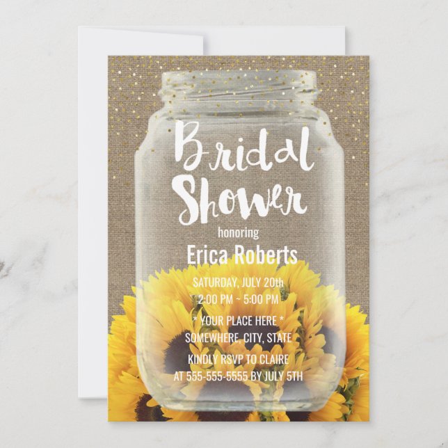 Sunflower Bridal Shower Rustic Burlap & Mason Jar Invitation (Front)