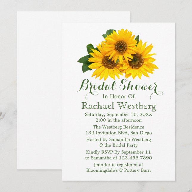 Sunflower Bridal Shower Yellow & Green Floral Invitation (Front/Back)