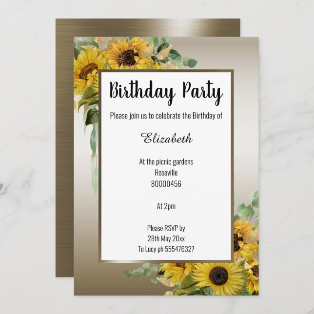 SUNFLOWER BRONZE BOTANICAL FLORAL EUCALYPTUS INVITATION (Front/Back)