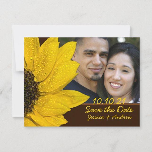 Sunflower Brown Photo Wedding Save the Date Card (Front)