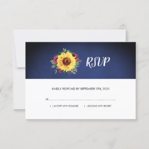 Sunflower Bugundy Rose Floral Navy Blue Wedding RSVP Card