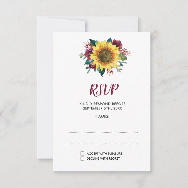 Sunflower Bugundy Rose Floral Wedding RSVP Card (Front)