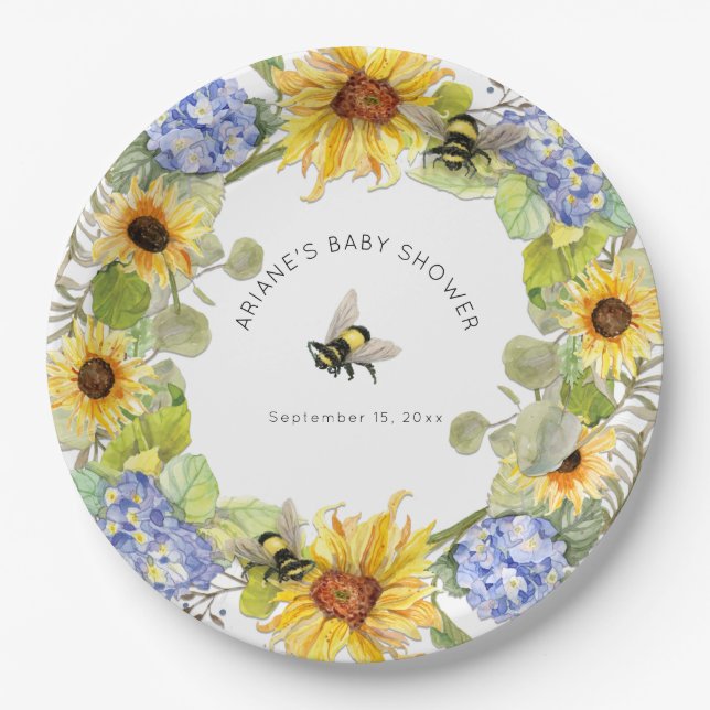 Sunflower Bumble Bee Blue Hydrangea Baby Shower Paper Plate (Front)