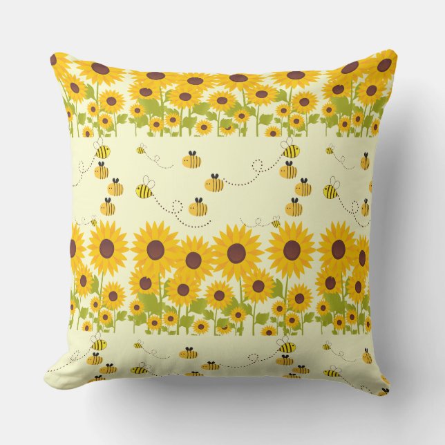 Sunflower Bumble Bee Patterned Throw Pillow (Front)