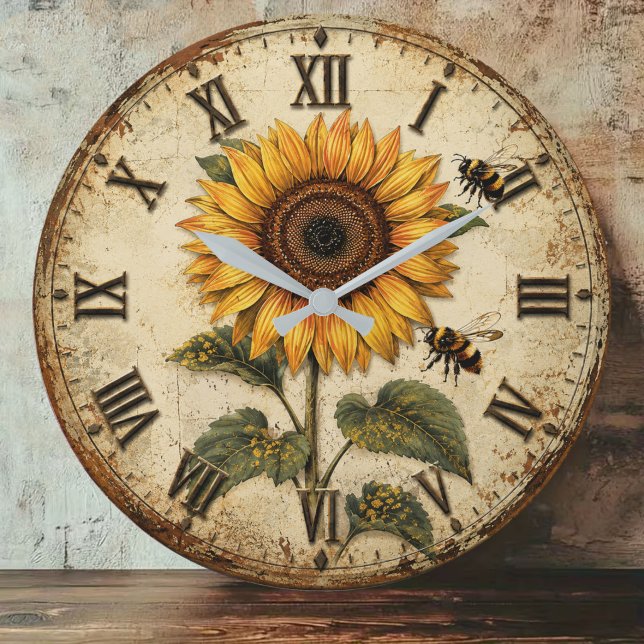 Sunflower & Bumble Bee Rustic Farmhouse Large Clock (Creator Uploaded)