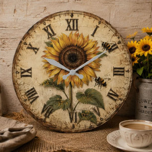 Sunflower & Bumble Bee Rustic Farmhouse Large Clock