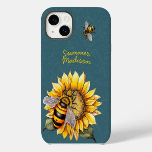 Sunflower Bumble Bees Floral Green Script Name iPhone 14 Plus Case
