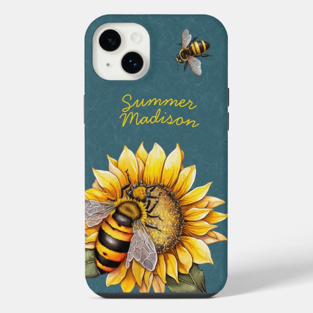 Sunflower Bumble Bees Floral Green Script Name iPhone Case (Back)