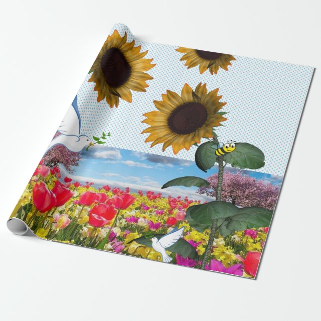 Sunflower Bumblebee Matte Wrapping Paper (Unrolled)