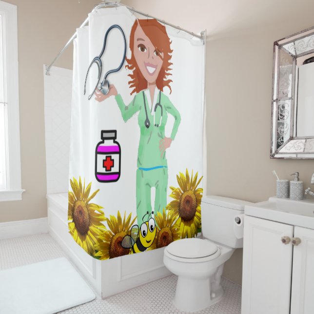Sunflower Bumblebee Nurse Shower Curtain (In Situ)