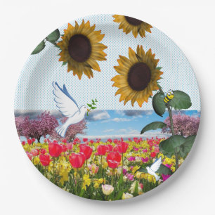 Sunflower Bumblebee White Dove Paper Plates
