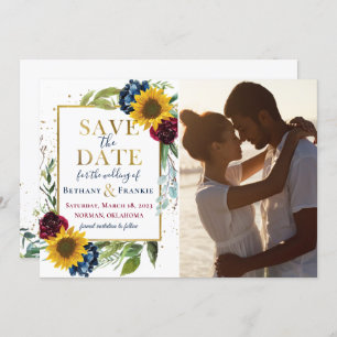 Sunflower Burgundy Blue Floral Photo Save The Date