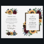 Sunflower Burgundy Blue Folded Wedding Programs<br><div class="desc">Bi fold design -- fold them in half. Design features elegant watercolor roses, peonies, wildflowers and sunflowers in various shades of burgundy red, navy blue and more over a wreath of eucalyptus greenery. Design also features a barn wood frame underneath the wreath. A unique font layout compliments the overall design....</div>