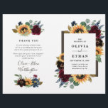 Sunflower Burgundy Blue Folded Wedding Programs<br><div class="desc">Bi fold design -- fold them in half. Design features elegant watercolor roses, peonies, wildflowers and sunflowers in various shades of burgundy red, navy blue and more over a wreath of eucalyptus greenery. Design also features a barn wood frame underneath the wreath. A unique font layout compliments the overall design....</div>