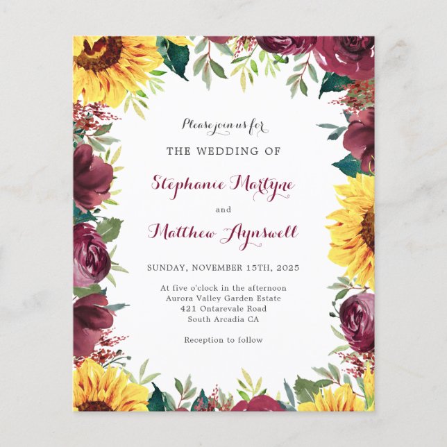 Sunflower Burgundy Border Fall Budget Wedding (Front)