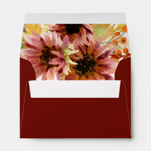 Sunflower Burgundy Country Watercolor Wedding Envelope