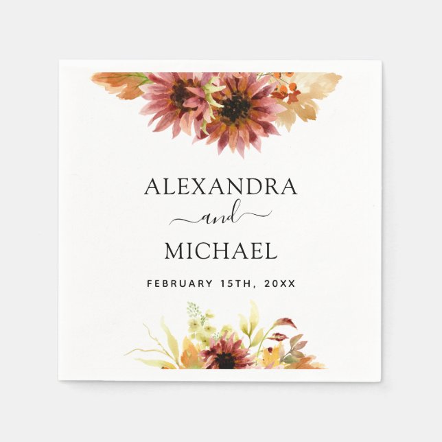 Sunflower Burgundy Country Watercolor Wedding Napkin (Front)