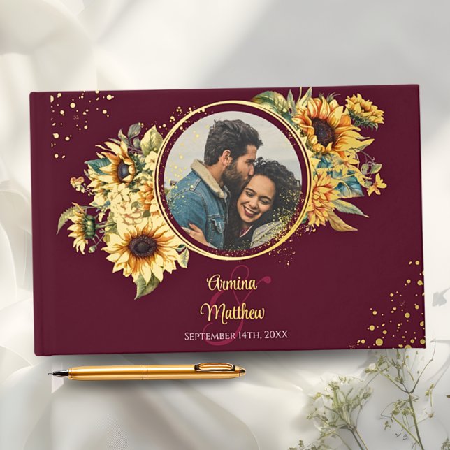 Sunflower Burgundy Elegant Photo Wedding Gold Guest Book (Creator Uploaded)