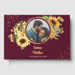 Sunflower Burgundy Elegant Photo Wedding Gold Guest Book