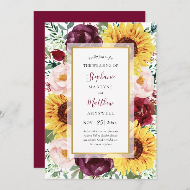 Sunflower Burgundy Fall Gold Floral Wedding Invitation (Front/Back)