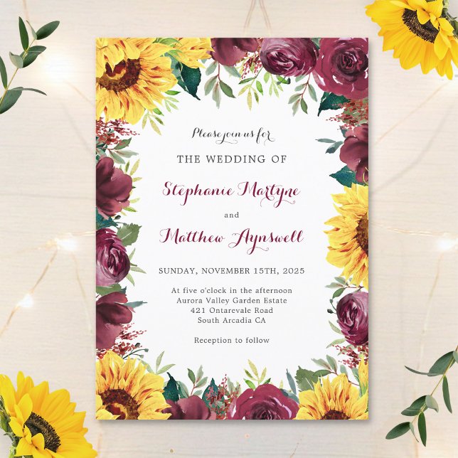 Sunflower Burgundy Floral Border Fall Wedding Invitation (Creator Uploaded)