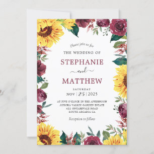 Sunflower Burgundy Floral Border Wedding Invitation