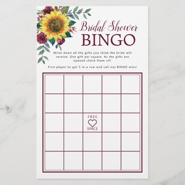 Sunflower Burgundy Floral Bridal Shower Bingo Game (Front)